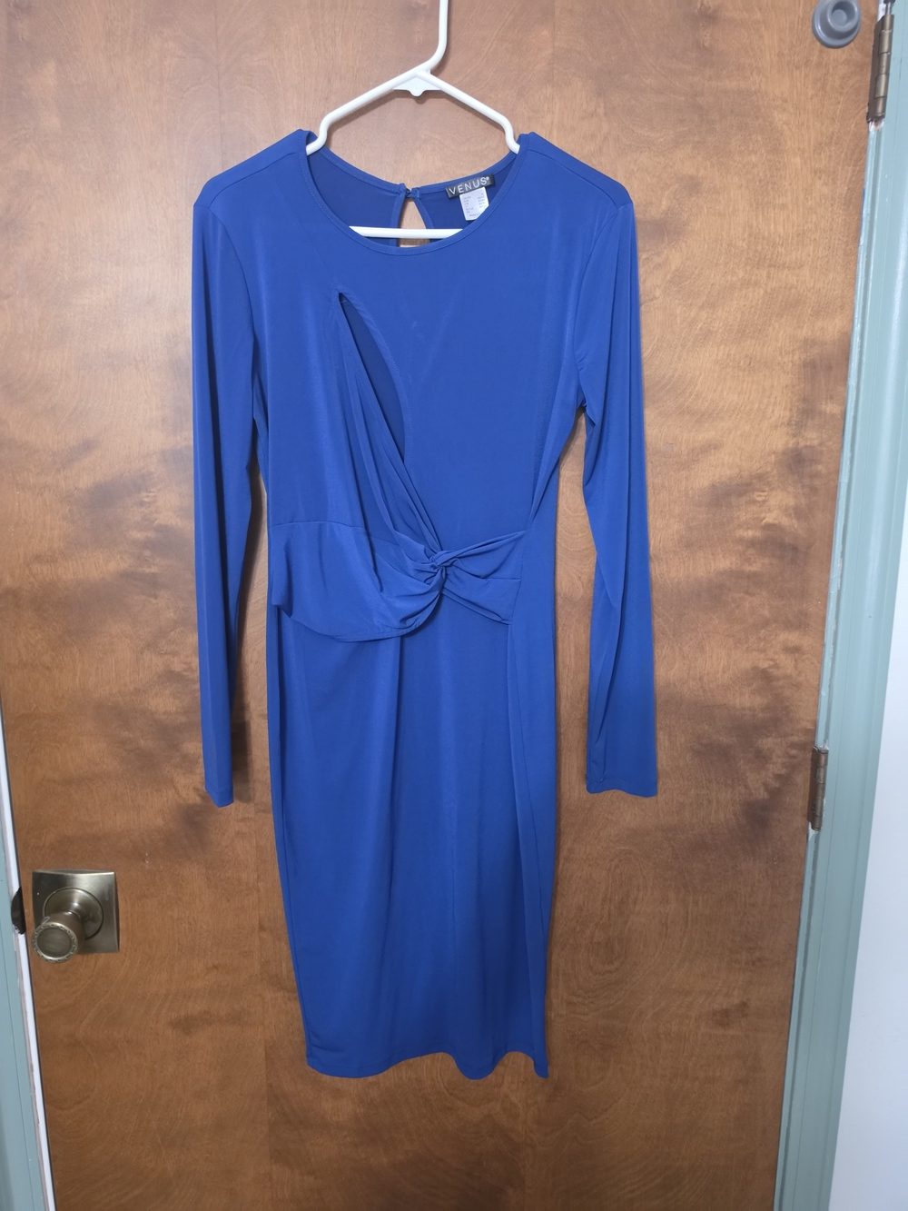 VENUS Royal Blue Long-Sleeve Twist-Knot Midi Dress